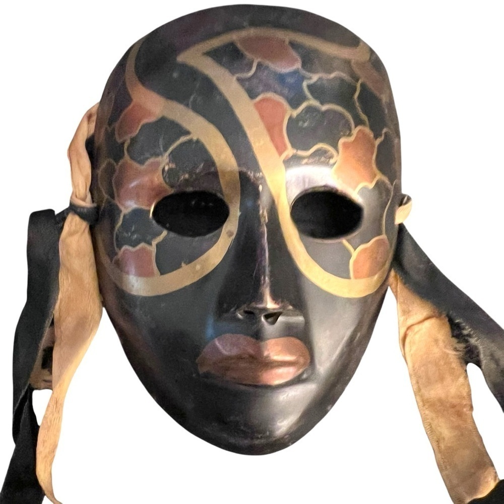 Vintage Brass Hand-Painted Masquerade Mardi Gras Theatre Mask Boho Wall Art Boho - Picture 2 of 10